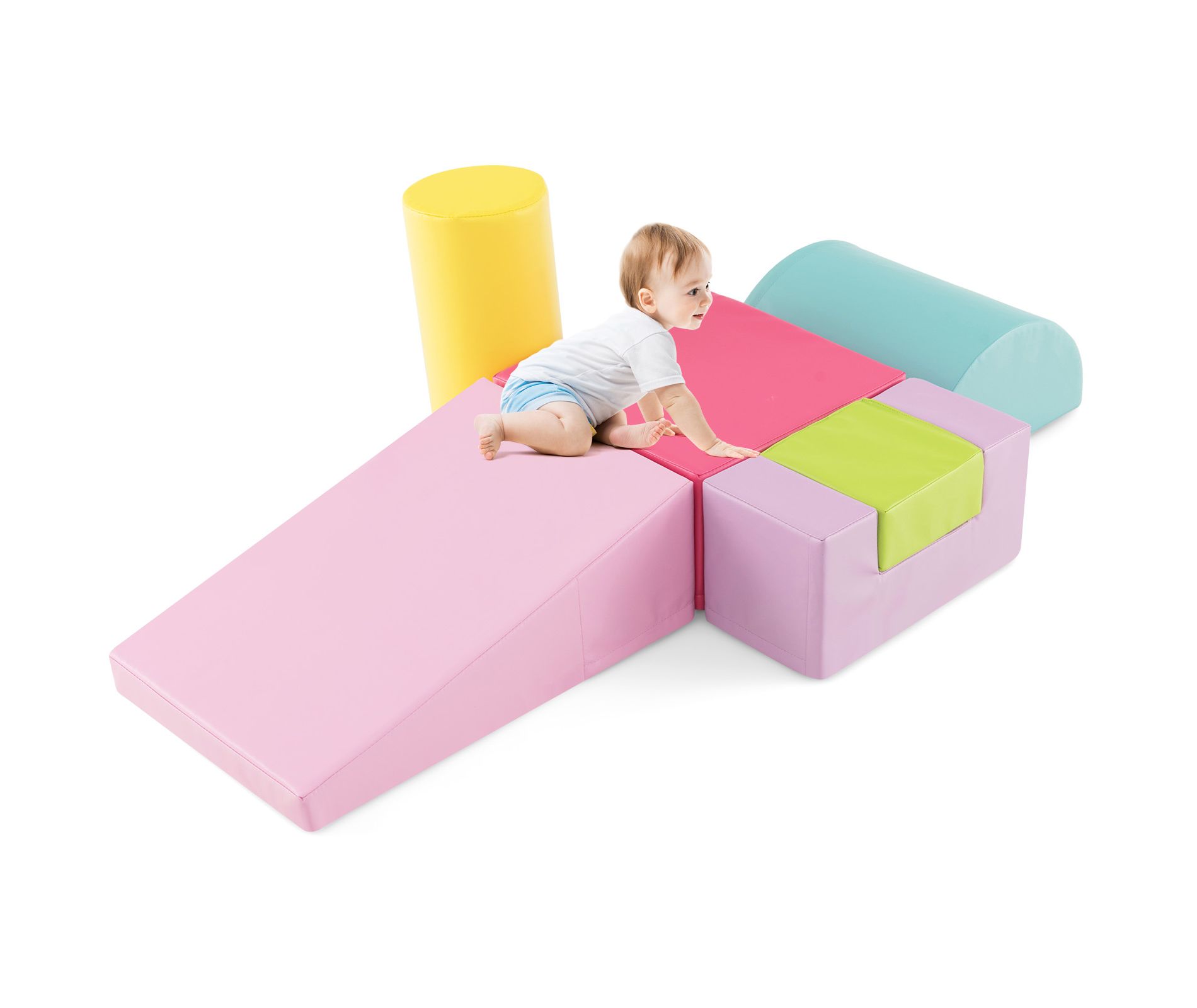 Costway 6 PCS Kids Climber Play Set Indoor Foam Climb and Crawl Activity Blocks w/ Cover Pink