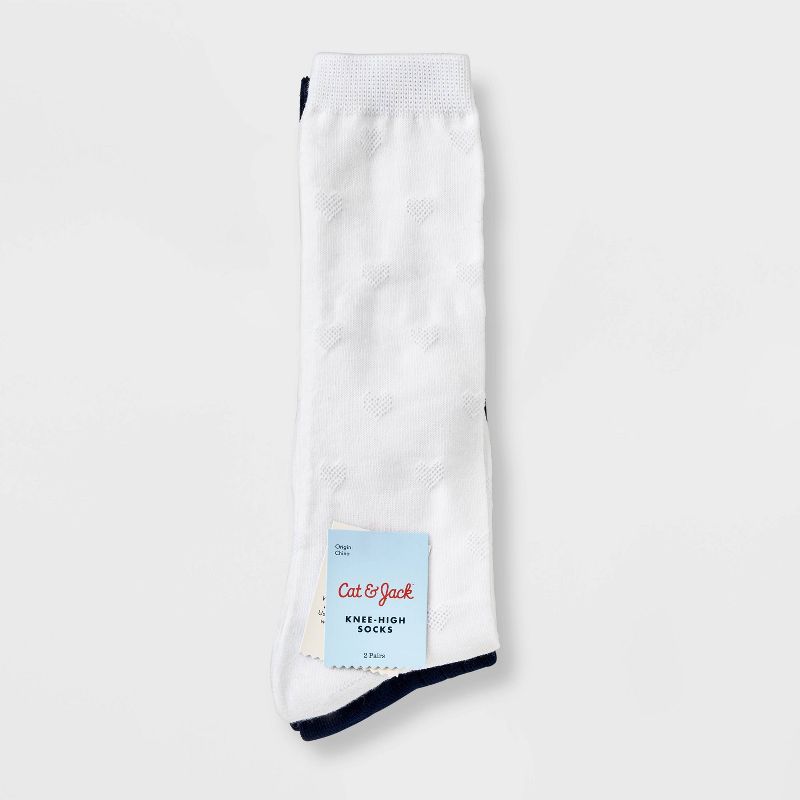 Girls' 2pk Heart Knee High Socks - Cat & Jack™ Navy Blue/White, 3 of 5