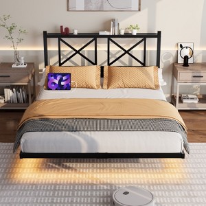 Kumasinova Full/Queen Floating Bed Frame with RGB LED Lights,Platform Bed Frame with USB Charging Station & Storage Headboard,Heavy Duty Steel Slats - 1 of 4