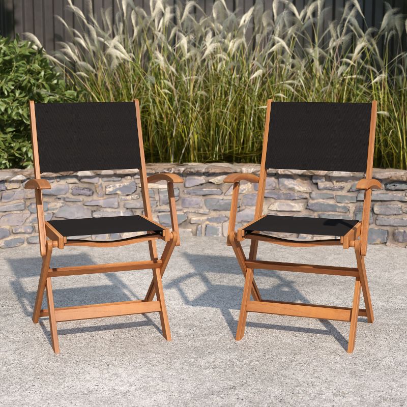 Merrick Lane Set of 2 Indoor/Outdoor Acacia Wood Folding Patio Bistro Armchairs with Black Textilene Mesh Back and Seat, Natural, 3 of 13