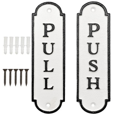 AuldHome Design Push Pull Door Signs 2pc Set; Cast Iron Rustic Farmhouse Style Vertical Signs for Home and Business
