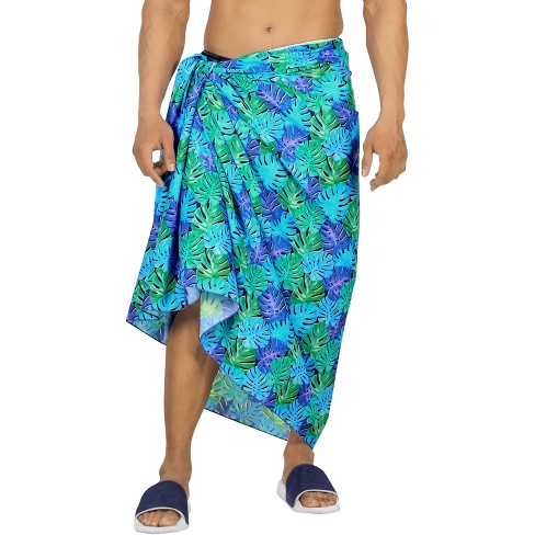 HAPPY BAY Men's Lava Lava Hawaiian Vacation Sarongs Summer Beach Cover Swimwear Holidays Pareo Beachwear Men One Size Allover Monstera Leafs Blue Dad