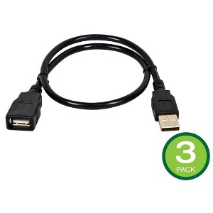 Monoprice USB Type-A to USB Type-A Female 2.0 Extension Cable - 1.5 Feet - Black (3 Pack) 28/24AWG, Gold Plated Connectors - 1 of 3