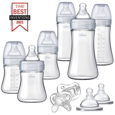 Chicco Duo Deluxe Hybrid Baby Bottle Gift Set with Invinci-Glass Inside/Plastic Outside - Gray - 10pc