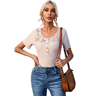 Womens Knit Tops Short Sleeve Ribbed Knit Tops with Lace Neckline Elegant Front Button Sweater,Apricot - 2XL