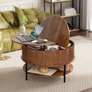 QingMoon Lift Top Coffee Table, Wood Round Fluted Coffee Tables, Farmhouse Center Table with Hidden Storage and Lower Shelf for Living Room - 1 of 4