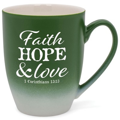 Elanze Designs Faith, Hope & Love 1 Corinthians 13:13 Two Toned Ombre Matte Green and White 12 ounce Ceramic Stoneware Coffee Cup Mug