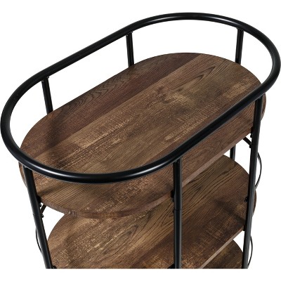 Rustic Brown and Black 3-Tier Oval Bar Cart with Storage