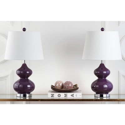 Eva Double Gourd Dark Purple Glass Table Lamp Set with Silver Accents