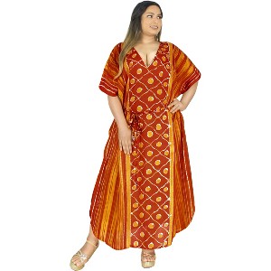 LA LEELA Women's Summer Batik Caftan House Dashiki Dress Kaftan Loungewear Nightshirts for Women Sleepwear Plus size 2X-3X Red, Stripe - 1 of 4