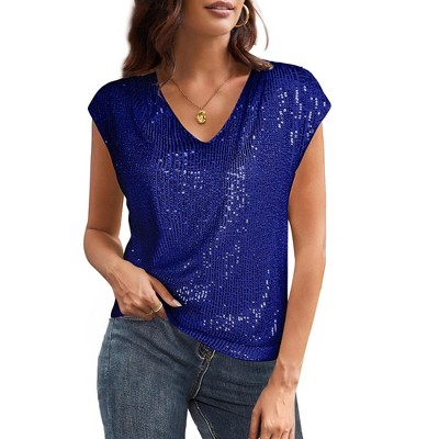 Womens V Neck Glitter Sequins Shirts Tops Cap Sleeve Modest Club Tops Sequins Party Shirts Party Tee Blouse Tops for Party
