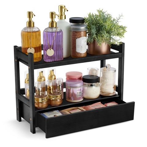 Sorbus 2-Tier Bamboo Counter Organizer with Drawer Bamboo for Vanity, Matcha Station, Bathroom Sink Organizer Countertop, Kitchen & Office Storage