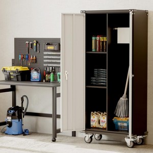 Metal Garage Storage Cabinet with Wheels, Hanging Rod and 2 Adjustable Shelves for Garage, Home, Office, Utility Room, Light grey and dark grey - 1 of 1
