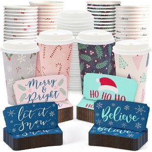Sparkle and Bash 48 Piece Disposable Christmas Coffee Cups with Lids and Sleeves, 16oz Coffee Cups, 4 Xmas Holiday Designs - 1 of 4