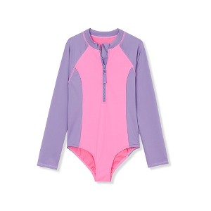 Lands' End Kids Long Sleeve Half Zip One Piece UPF 50 Swimsuit - 1 of 2