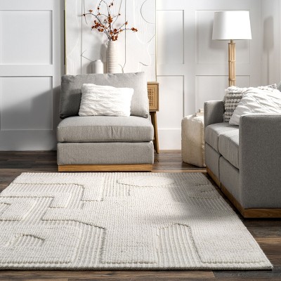 Ivory Geometric Flat Woven Wool 4' x 6' Area Rug