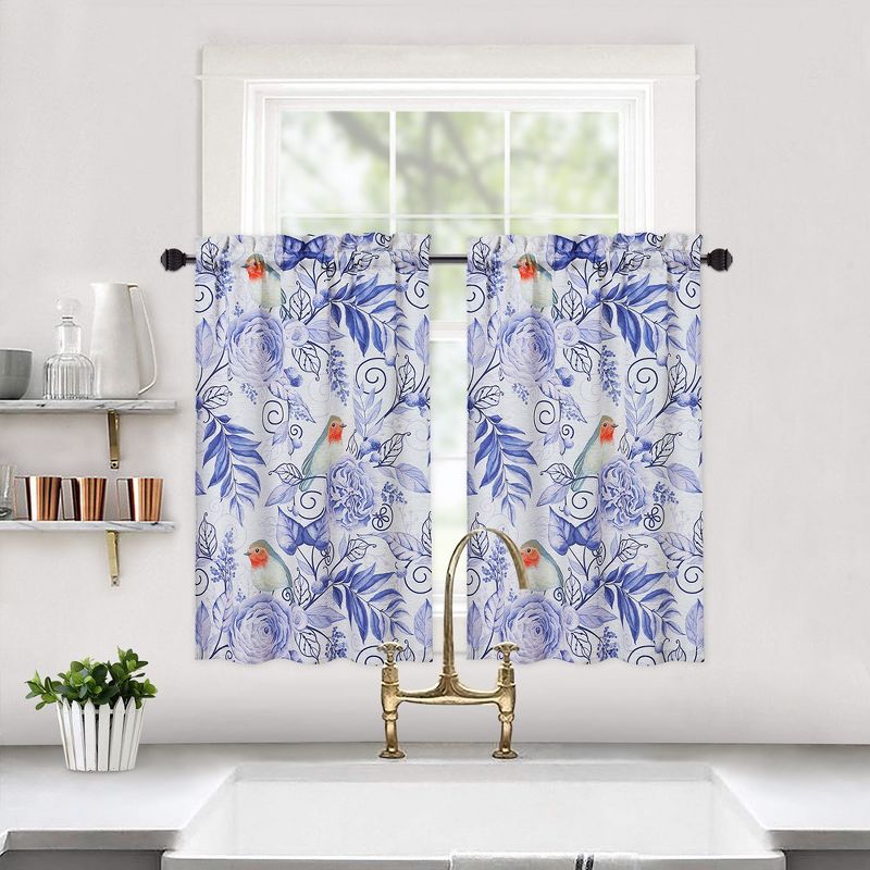 Linen Blend Bird Floral Print Short Kitchen Curtains for Small Window Bathroom, 1 of 8