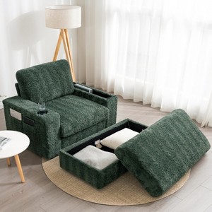 42" Oversized Chaise Lounge Indoor,Faux Rabbit Fur Sofa Bed with Storage Ottoman and Armrests,Cup Holders,Polyester Sleeper Chair - 1 of 4