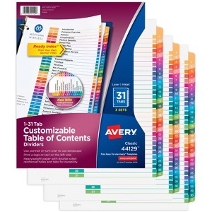 Avery 1-31 Dividers for 3 Ring Binders, 31 Tabs per Set, Customizable Table of Contents, Multicolor Tabs (3 Sets of 44129) - 1 of 4