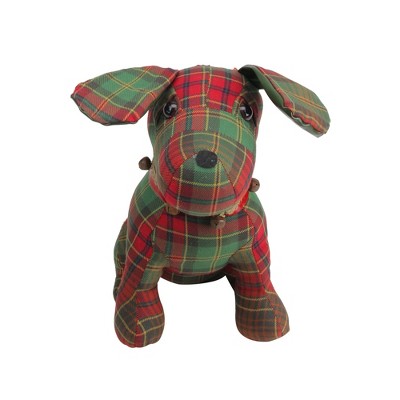 Allstate Floral 11" Red and Green Plaid Dog with Bells Christmas Decoration