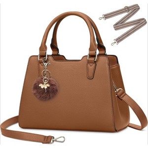 Women's Top Handle Tote Bag PU Faux Leather Shoulder Bag Women's Wallet Handbag with Cute Pom Pom - 1 of 4