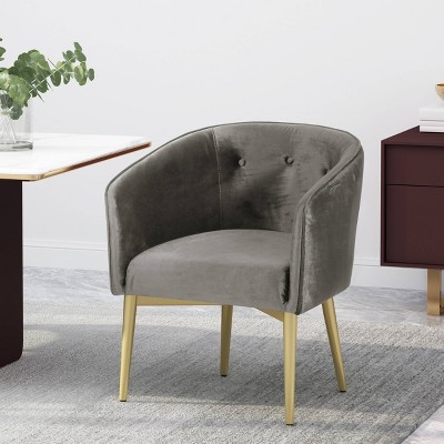Gray Velvet Upholstered Arm Chair with Gold Metal Legs