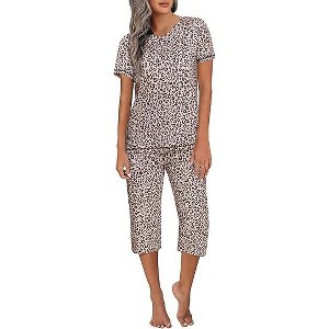 Ekouaer Women's Sleepwear Capri Pajama Sets Short Sleeve Two-Piece Pjs V Neck Tops & Capri Pants with Pockets - 1 of 4