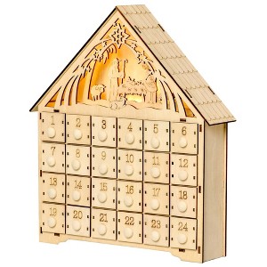 Whisen Christmas Advent Calendar, Light Up Manger Scene Tabletop Xmas Wooden House Holiday Decoration - Natural Wood - 1 of 4