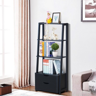 Black 4-Tier Ladder Bookshelf with 2 Drawers