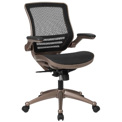 Mid Back Executive Swivel Office Chair with Melrose Gold Frame and Flip Up Arms Black - Riverstone Furniture