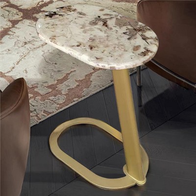 POVISON Modern Light Luxury Side Table, Natural Stone Tabletop, Sintered Stone Veneer,Metal Legs, 17.72"