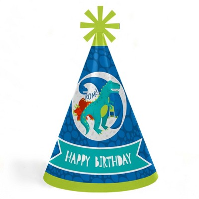 Big Dot of Happiness Roar Dinosaur - Cone Happy Birthday Party Hats for Kids and Adults - Set of 8 (Standard Size)