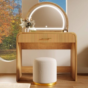 ORRD 39" LED Touch Screen Vanity Table w/ Mirror & Drawer – Modern Natural Wood Makeup Dressing Desk for Bedroom - 1 of 4