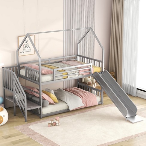 Twin Over Twin Metal Bunk Bed House Bed With Slide And Staircase Silver modernluxe Target