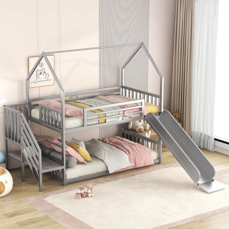 Twin over Twin Metal Bunk Bed House Bed with Slide and Staircase-ModernLuxe, 1 of 12