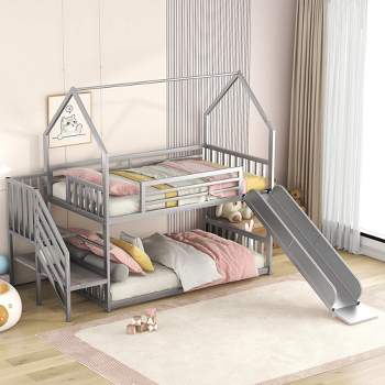 Twin over Twin Metal Bunk Bed House Bed with Slide and Staircase-ModernLuxe