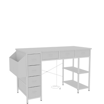 Vynxaria Computer Desk with Power Outlet, 7 Drawers & Large Side Pocket ¨C Versatile Home Office Writing/Gaming/Vanity Desk