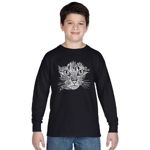 LA Pop Art Boy's Word Art Long Sleeve - Cat Face - 1 of 4