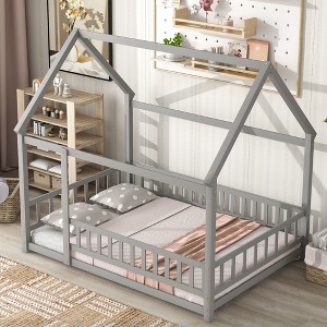 House Platform Beds with Slat Kit,Montessori Bed Frame w/House Roof for Kids - 1 of 4