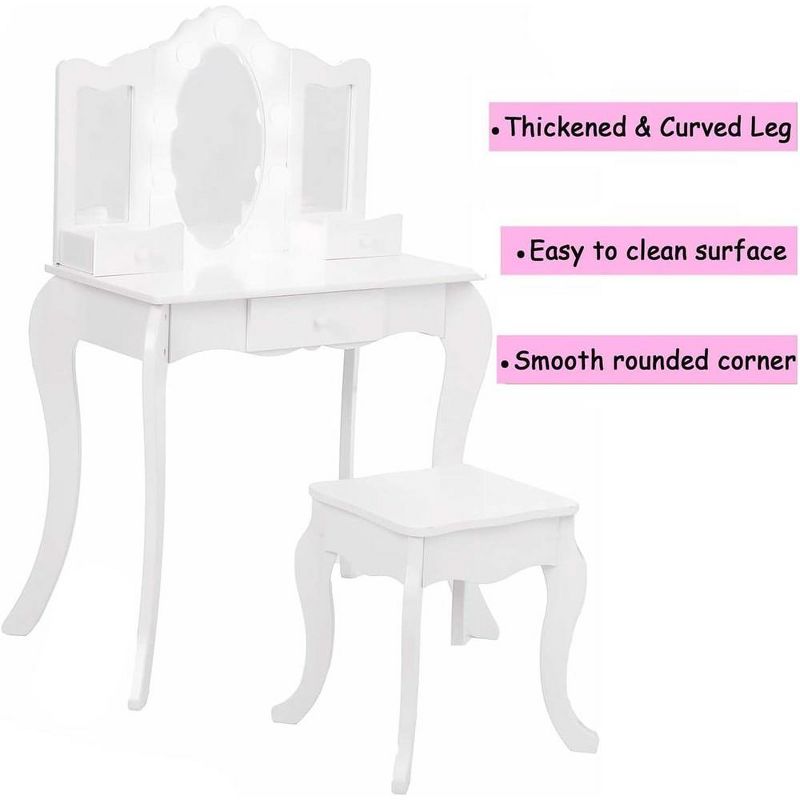 Whizmax 2 in 1 Wooden Princess Makeup Desk Dressing Table with Mirror, Light,Stool & Drawer, White, 5 of 7