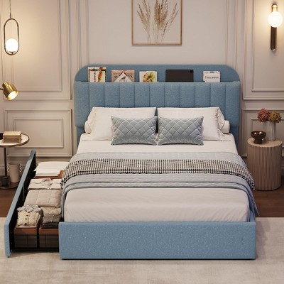 Bed Frame for Kids, Upholstered Platform Bed with 2 Large Storage Drawer and Bookcase Headboard, Noise-Free, Easy Assembly, No Box Spring Needed