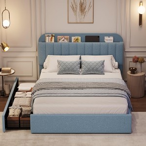 Bed Frame for Kids, Upholstered Platform Bed with 2 Large Storage Drawer and Bookcase Headboard, Noise-Free, Easy Assembly, No Box Spring Needed - 1 of 4