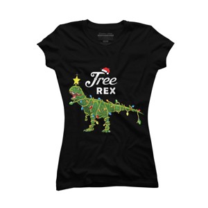 Junior's Design By Humans Dinosaur Christmas Tree Rex Christmas Gift By amitsurti T-Shirt - 1 of 3