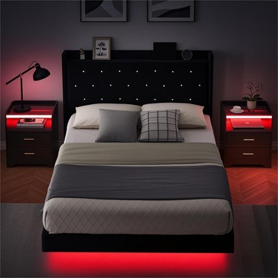Whizmax Platform Floating Bed Frame with LED Lights, Modern Upholstered Low Profile Bed with Wingback Shelf and Headboard, Black