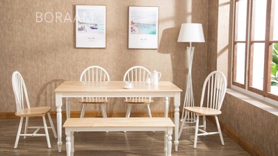 White and Natural Rubberwood Farmhouse Dining Table