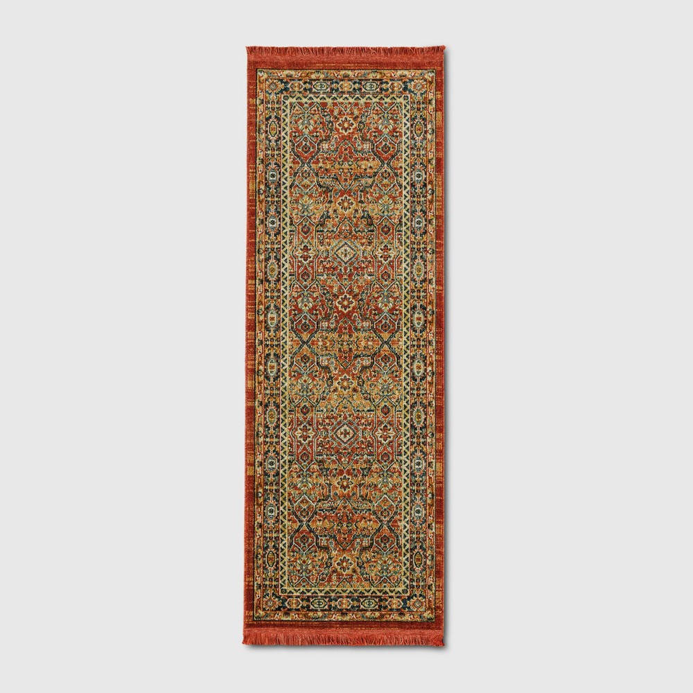 2'3inx7' Damask Woven Persian Style with Fringe Accent Rug Dark Auburn - Threshold™