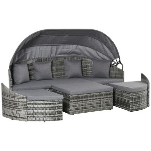 Outsunny Outdoor Round Daybed 4 Pieces Wicker Outdoor Rattan Sofa with Canopy, Cushions, Pillows Patio Bed Sets for Garden Backyard - 1 of 4