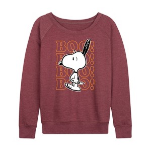 Women's - Peanuts - Boo Snoopy Scared Lightweight French Terry Wide Neck Long Sleeve Shirt - 1 of 4
