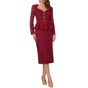 INSPIRE CHIC Women's Lace Formal Sweetheart Neck Long Sleeve Peplum Waist Button Decor Elegant Cocktail Midi Skirt Sets - 1 of 4