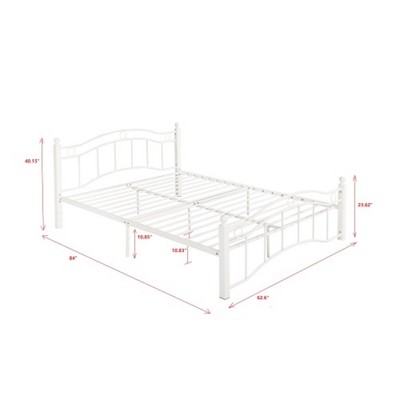 Queen Size White Metal Frame Platform Bed with Upholstered Headboard